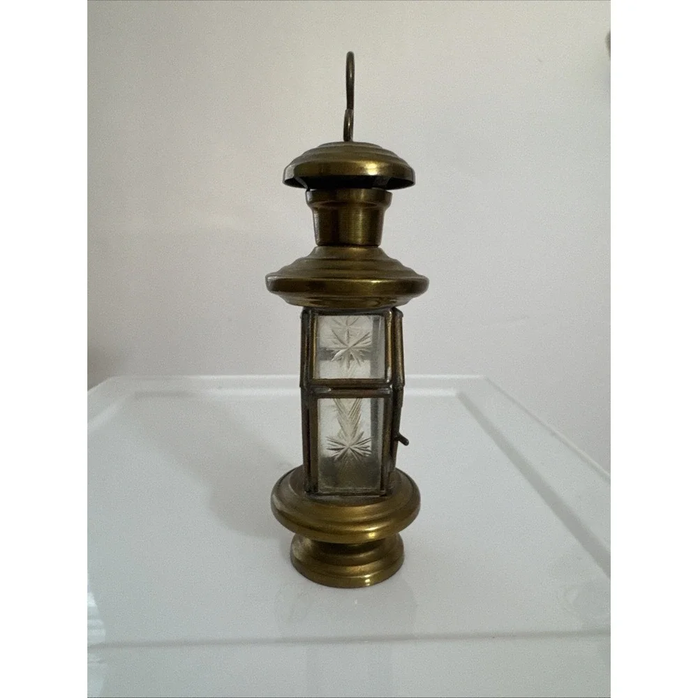 Vintage Miniature Brass Lantern Etched Glass Opening Door 4.5